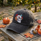 Custom Name Mushroom Skull Embroidered Hat, Goth Botanical Skeleton Dad Hat, Vintage Washed Cotton Baseball Cap, Halloween Nature Gift