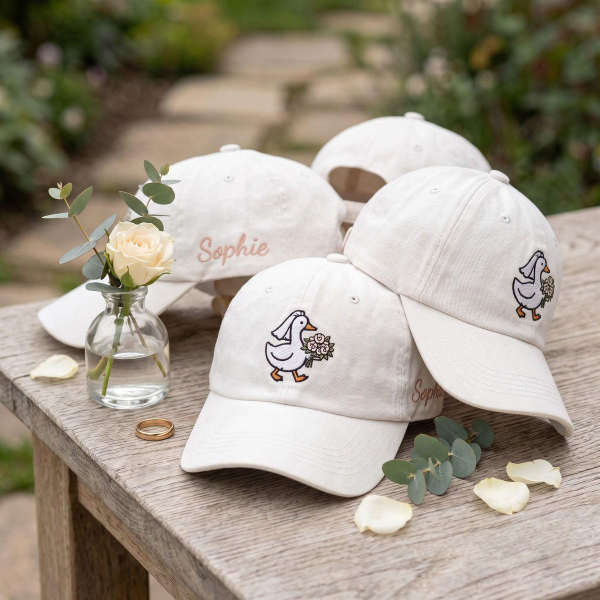 Custom Name Bride Goose Embroidered Hat, Duck Bride White Dad Hat, Personalized Wedding Date Baseball Cap, Bachelorette Party Bridal Gift