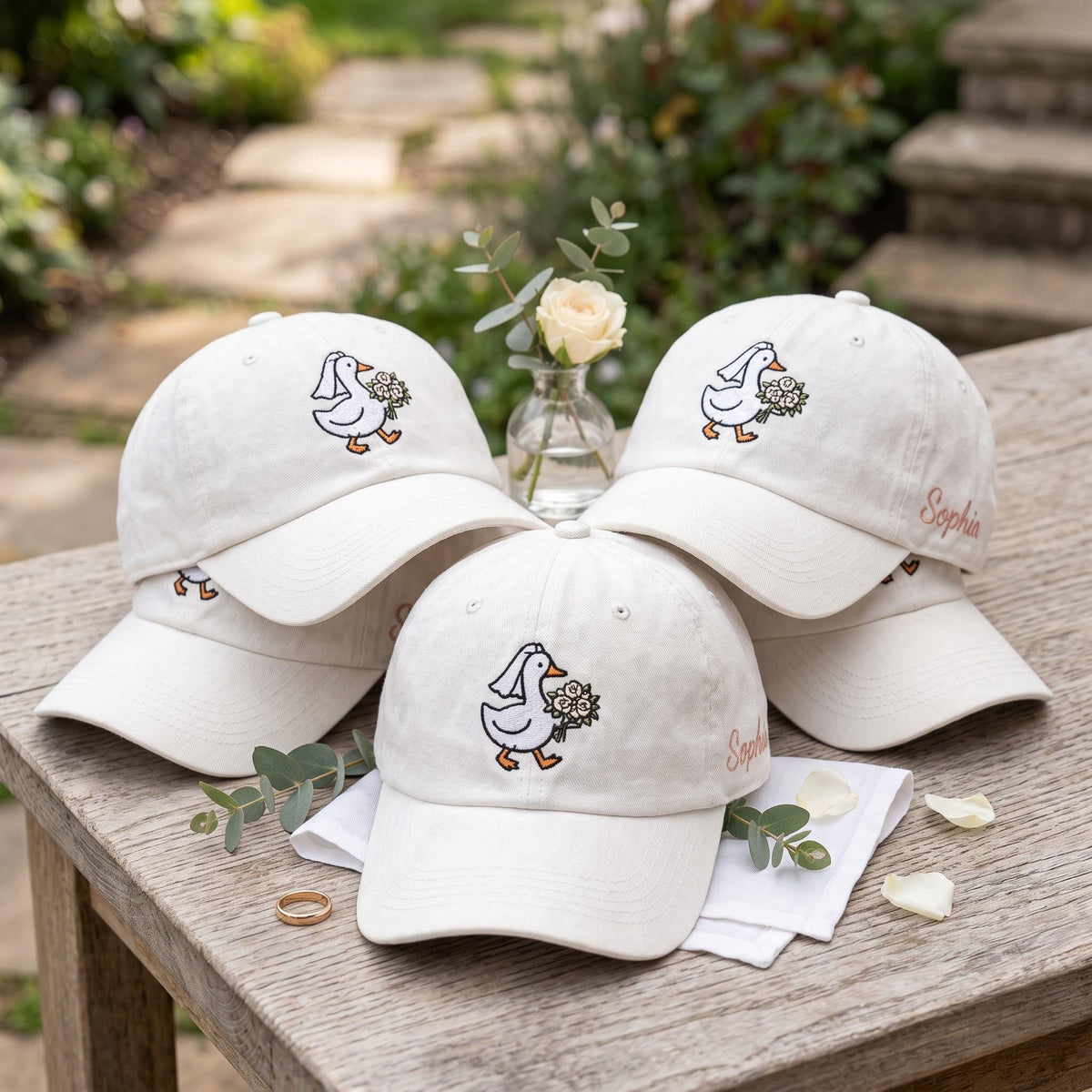 Custom Name Bride Goose Embroidered Hat, Duck Bride White Dad Hat, Personalized Wedding Date Baseball Cap, Bachelorette Party Bridal Gift