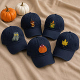 Cozy Fall Icons Embroidered Hat, Pumpkin Coffee Candle Socks Baseball Cap, Autumn Gift