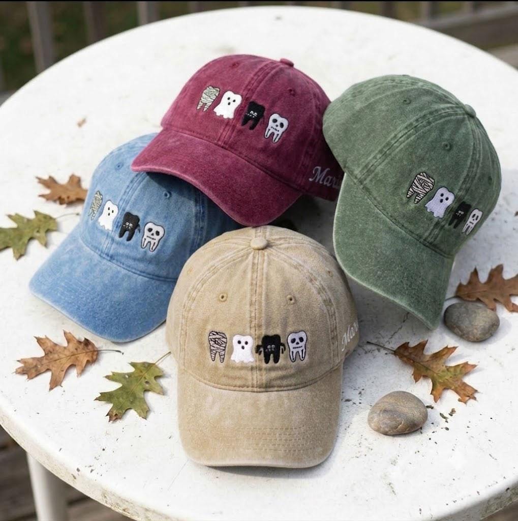 Custom Halloween Dental Embroidered Hat - Personalized Spooky Tooth Baseball Cap