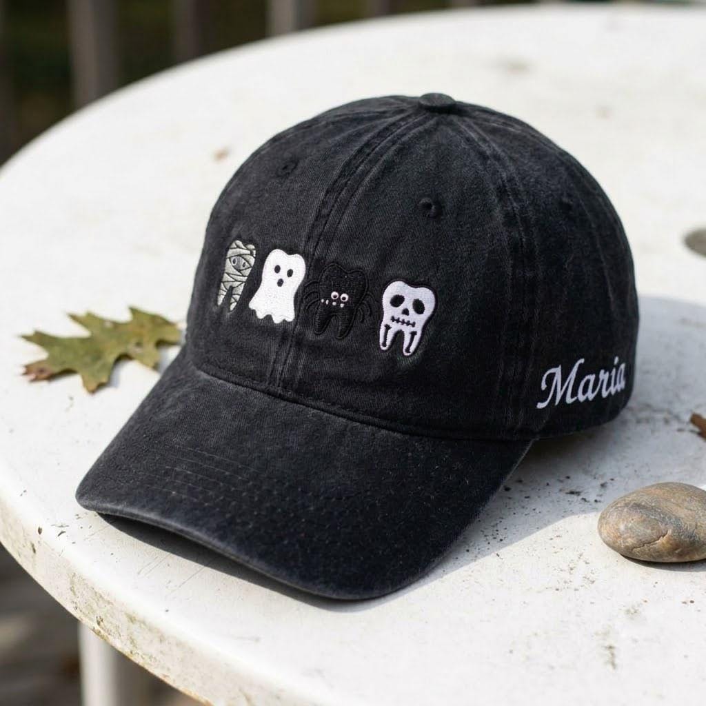 Custom Halloween Dental Embroidered Hat - Personalized Spooky Tooth Baseball Cap