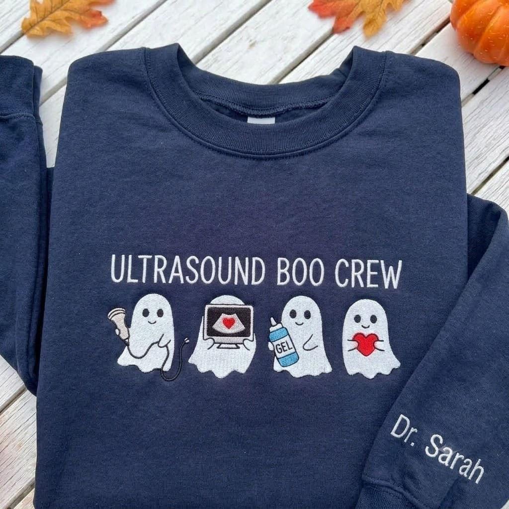Custom Ultrasound Boo Crew Sweatshirt, Sonographer Halloween Sleeve Name Crewneck