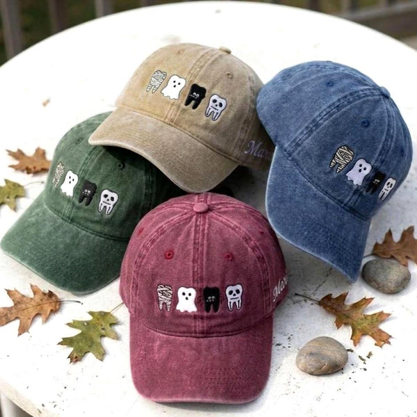 Custom Halloween Dental Embroidered Hat - Personalized Spooky Tooth Baseball Cap - Image 1