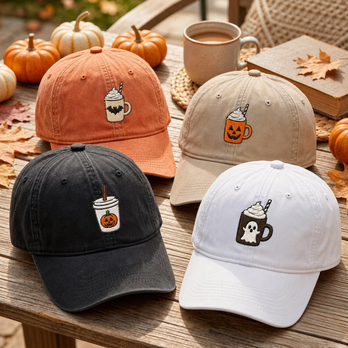 Pumpkin Coffee Cup Embroidered Hat, Cozy Autumn Baseball Cap, Fall Drink Lover Gift