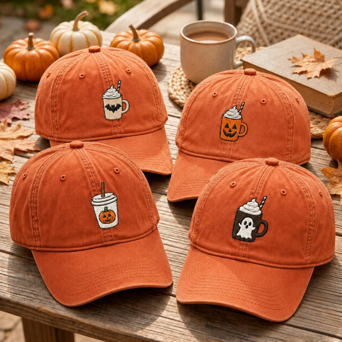 Pumpkin Coffee Cup Embroidered Hat, Cozy Autumn Baseball Cap, Fall Drink Lover Gift