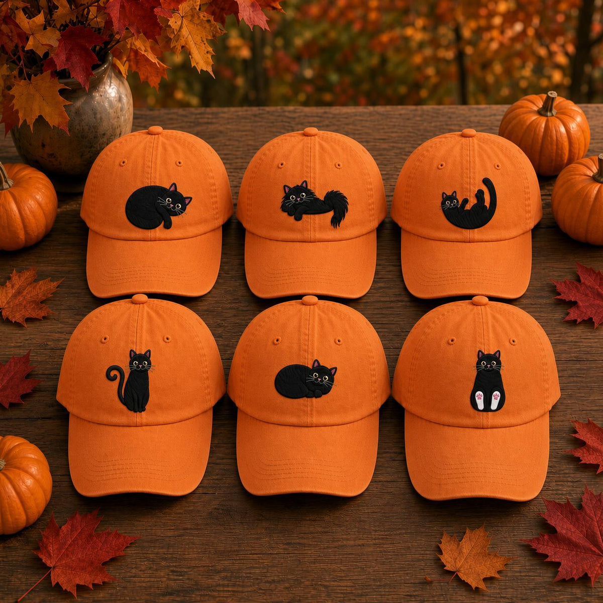 Black Cat Pumpkin Embroidered Hat, Cute Halloween Kitten Baseball Cap, Fall Party Gift