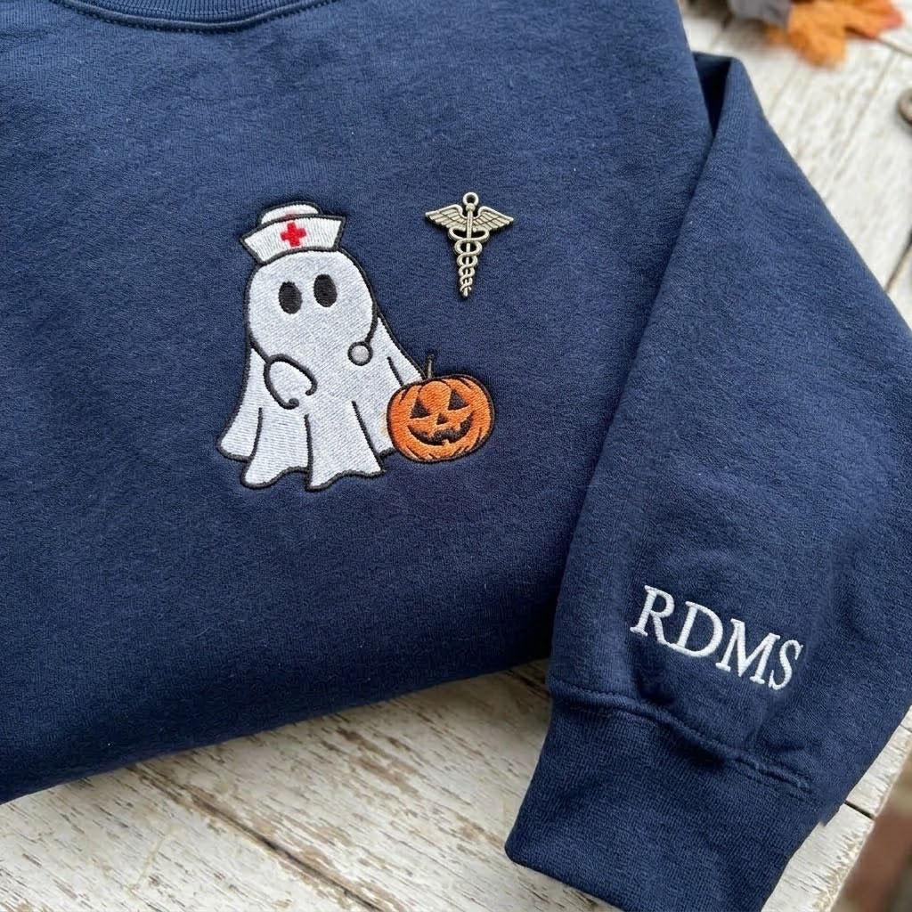 Custom Nurse Ghost Embroidered Sweatshirt, Halloween Sonographer RDMS Sleeve Crewneck