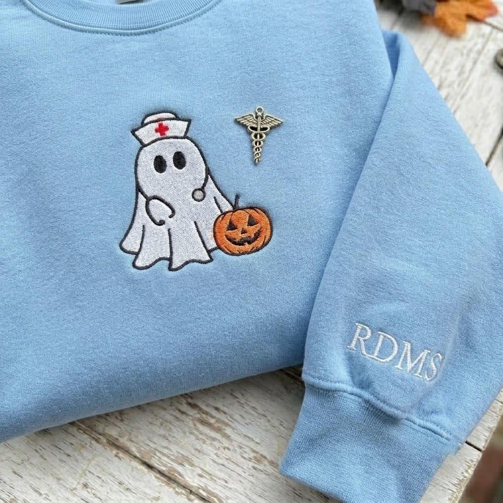 Custom Nurse Ghost Embroidered Sweatshirt, Halloween Sonographer RDMS Sleeve Crewneck