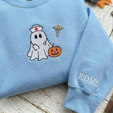 Custom Nurse Ghost Embroidered Sweatshirt, Halloween Sonographer RDMS Sleeve Crewneck