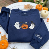 Custom Halloween Ghost Pumpkin Sweatshirt, Witch Ghost Sleeve Name Fall Crewneck