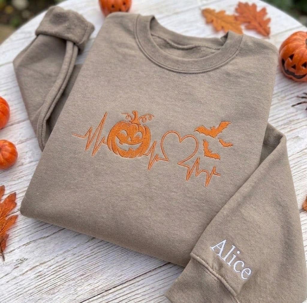 Custom Pumpkin Heartbeat Embroidered Sweatshirt, Halloween Nurse Sleeve Name Crewneck