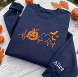 Custom Pumpkin Heartbeat Embroidered Sweatshirt, Halloween Nurse Sleeve Name Crewneck