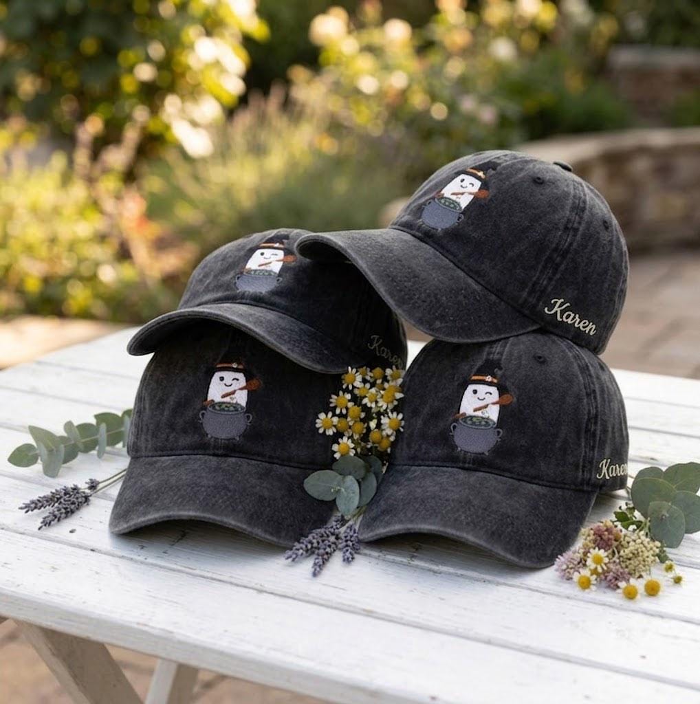 Custom Witch Ghost Embroidered Hat, Halloween Cauldron Dad Hat, Personalized Fall Vintage Baseball Cap, Cute Spooky Season Costume Gift