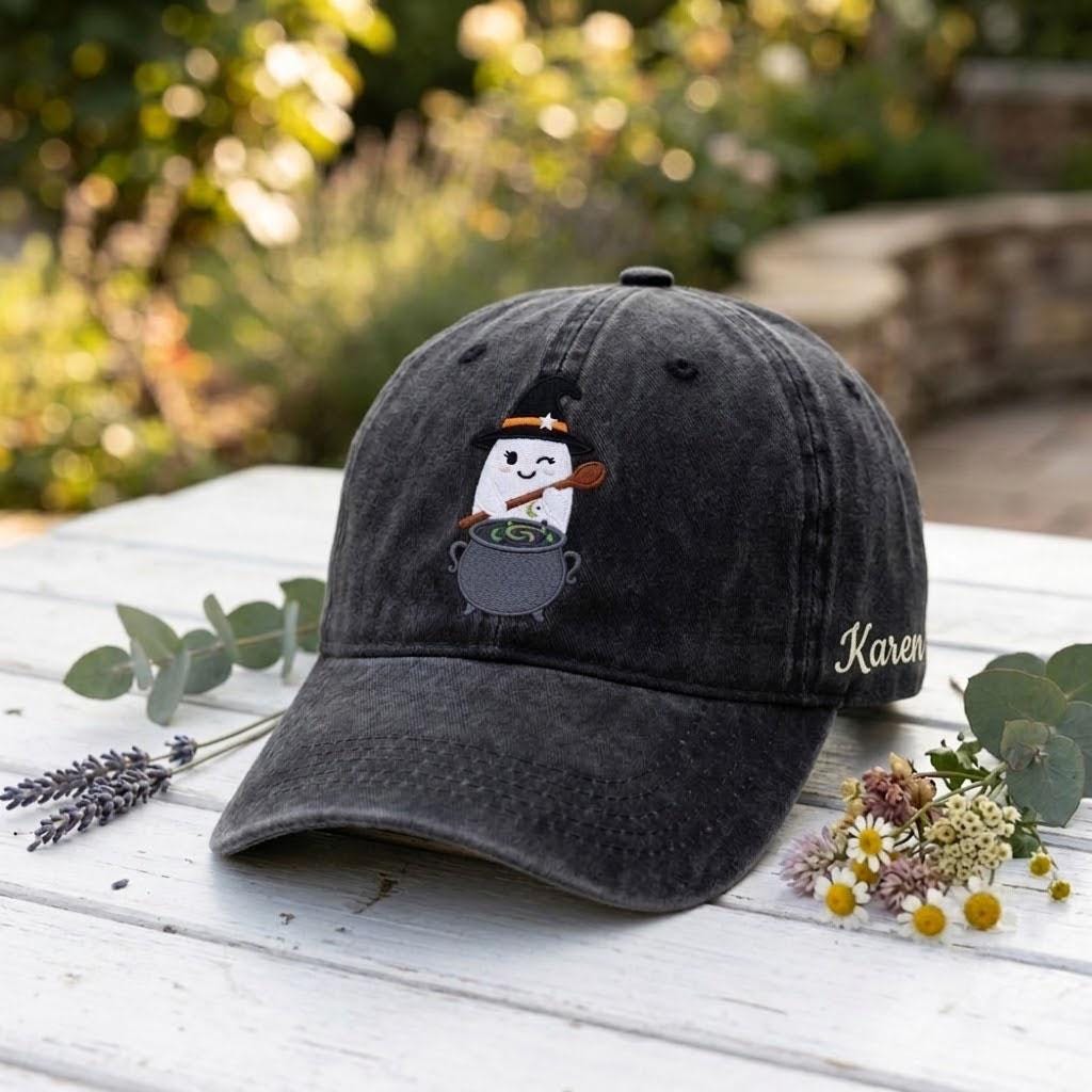 Custom Witch Ghost Embroidered Hat, Halloween Cauldron Dad Hat, Personalized Fall Vintage Baseball Cap, Cute Spooky Season Costume Gift