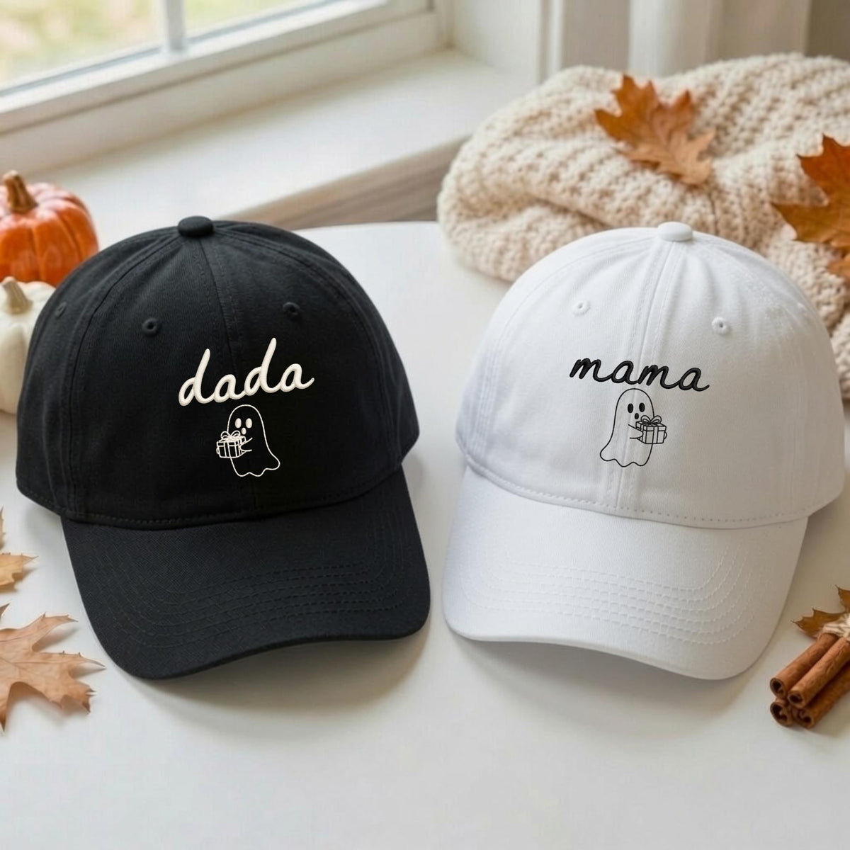Matching Ghost Mom and Dad Embroidered Hats, Halloween Family Baseball Caps, Parent Gift