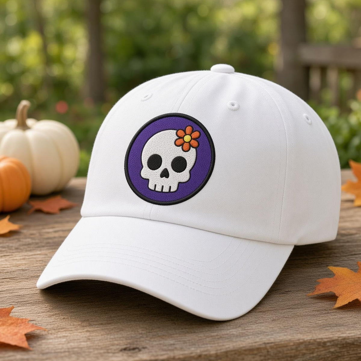 Custom Halloween Patch Embroidered Hat, Cute Spooky Season White Dad Hat, Black Cat Skull Witch Bat Baseball Cap, Autumn Fall Gift