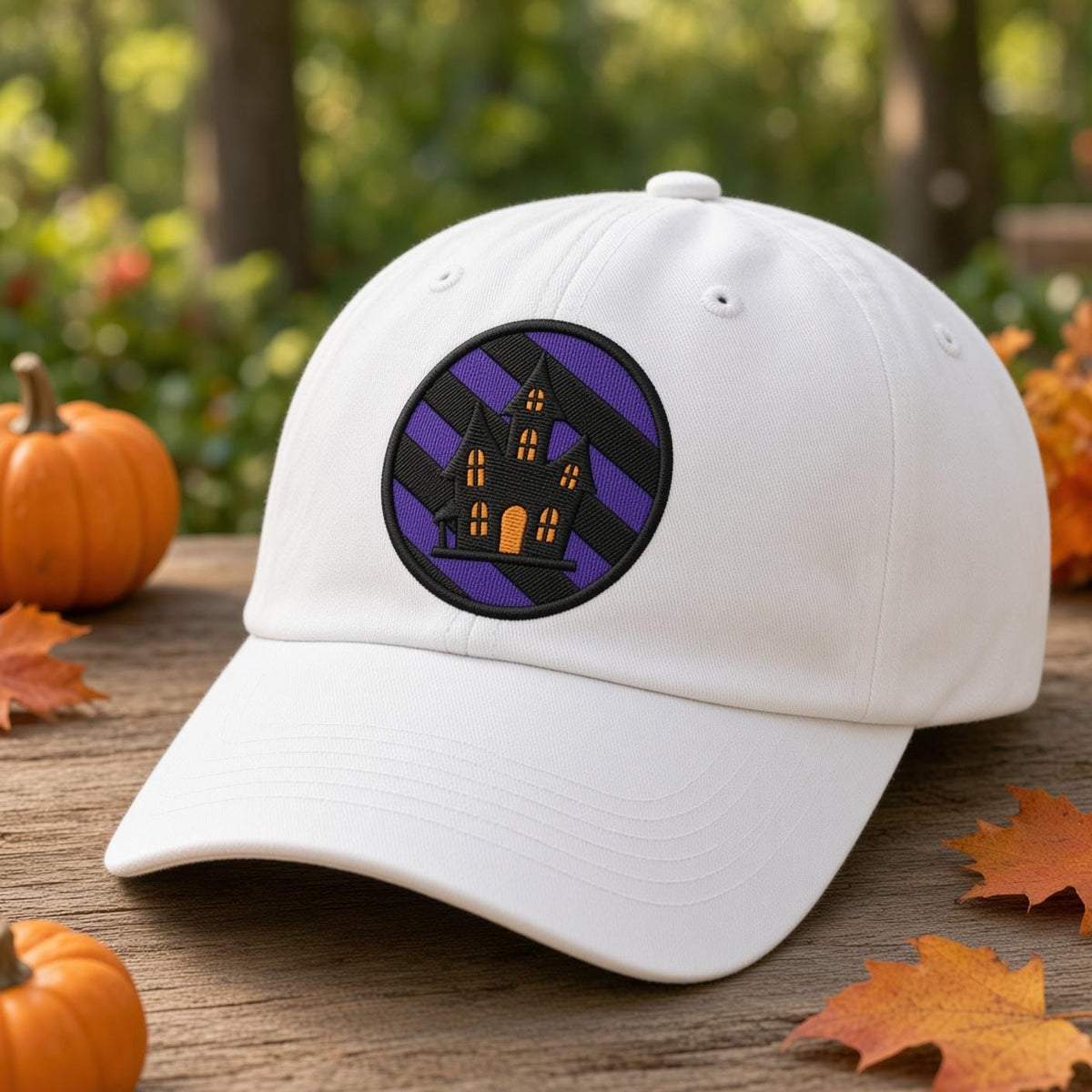 Custom Halloween Patch Embroidered Hat, Cute Spooky Season White Dad Hat, Black Cat Skull Witch Bat Baseball Cap, Autumn Fall Gift