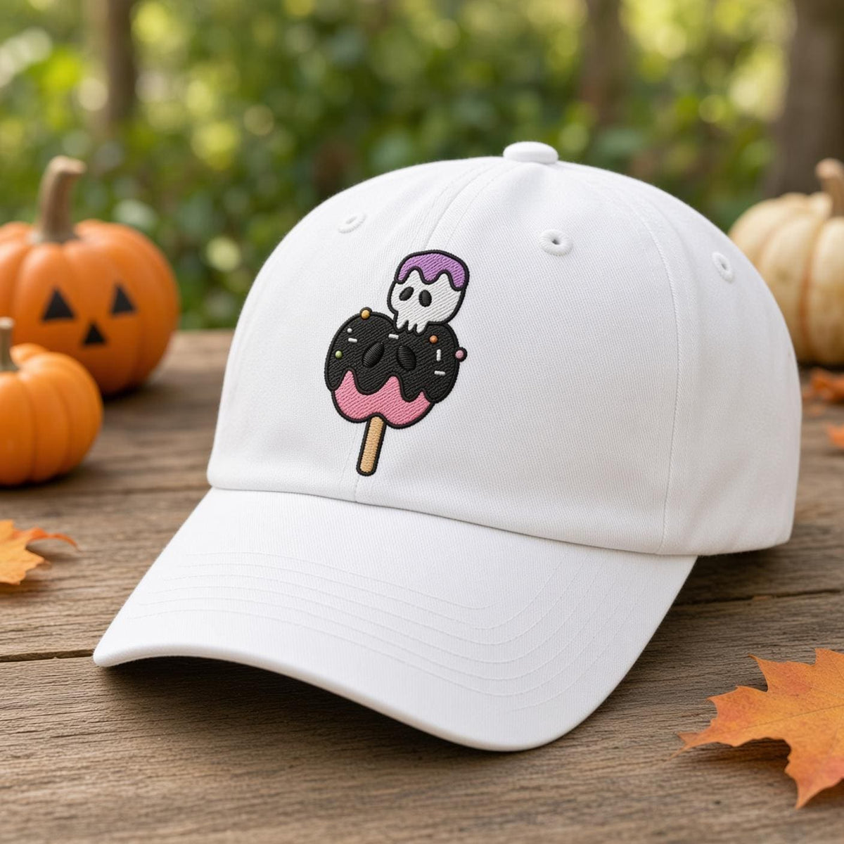 Custom Spooky Ice Cream Embroidered Hat, Cute Halloween Popsicle Dad Hat, White Baseball Cap, Pastel Goth Sweet Treat Fall Season Gift