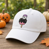 Custom Spooky Ice Cream Embroidered Hat, Cute Halloween Popsicle Dad Hat, White Baseball Cap, Pastel Goth Sweet Treat Fall Season Gift