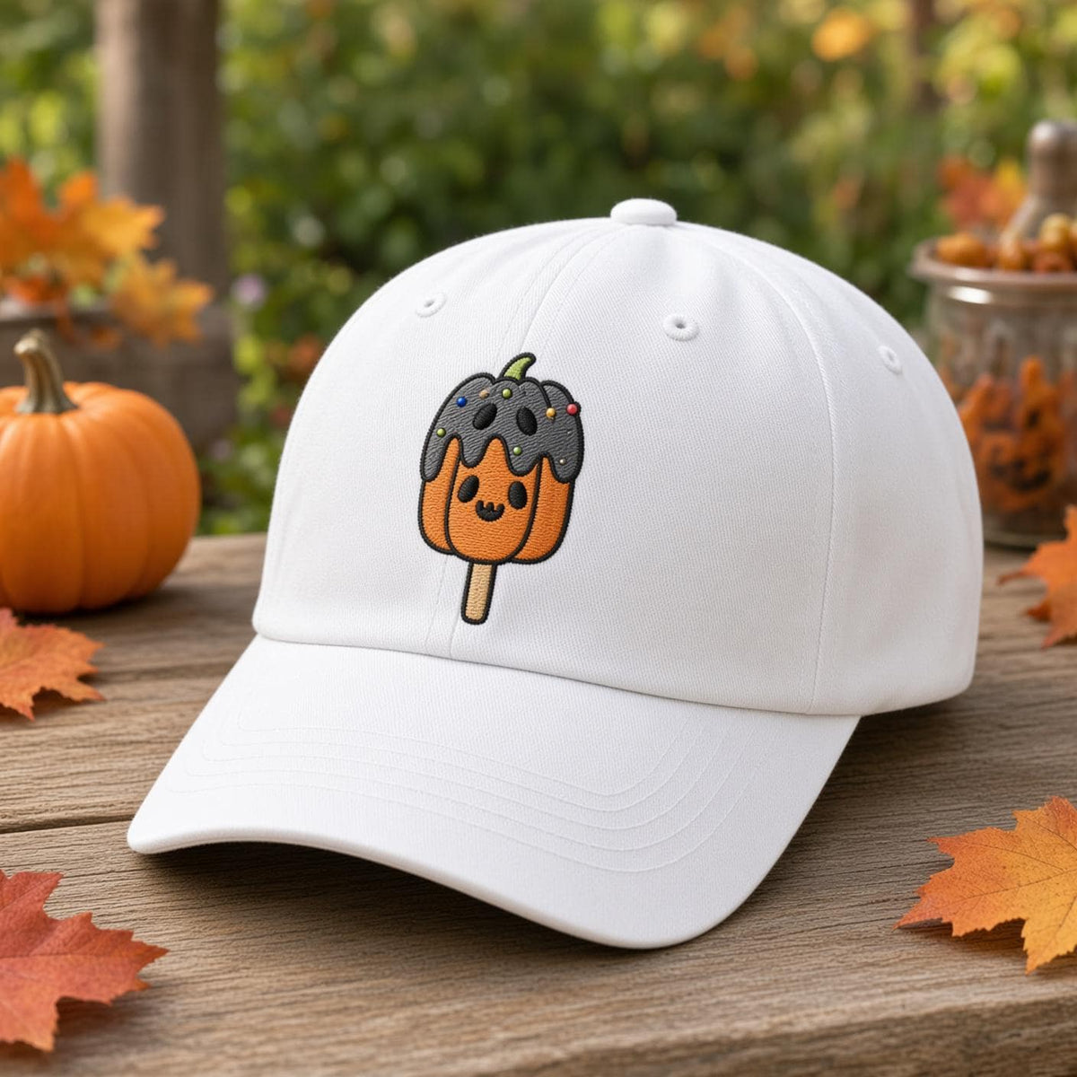 Custom Spooky Ice Cream Embroidered Hat, Cute Halloween Popsicle Dad Hat, White Baseball Cap, Pastel Goth Sweet Treat Fall Season Gift