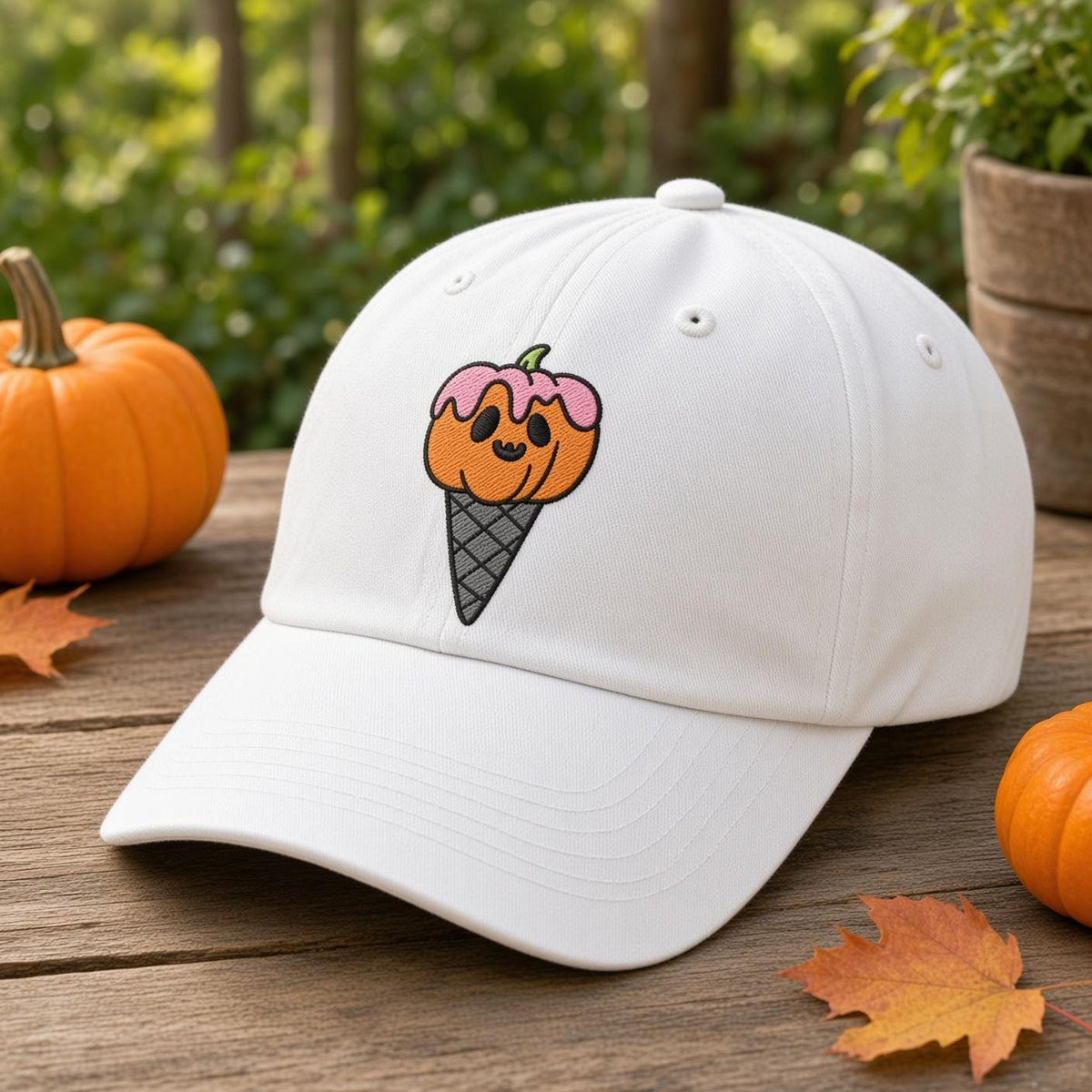 Custom Spooky Ice Cream Embroidered Hat, Cute Halloween Popsicle Dad Hat, White Baseball Cap, Pastel Goth Sweet Treat Fall Season Gift