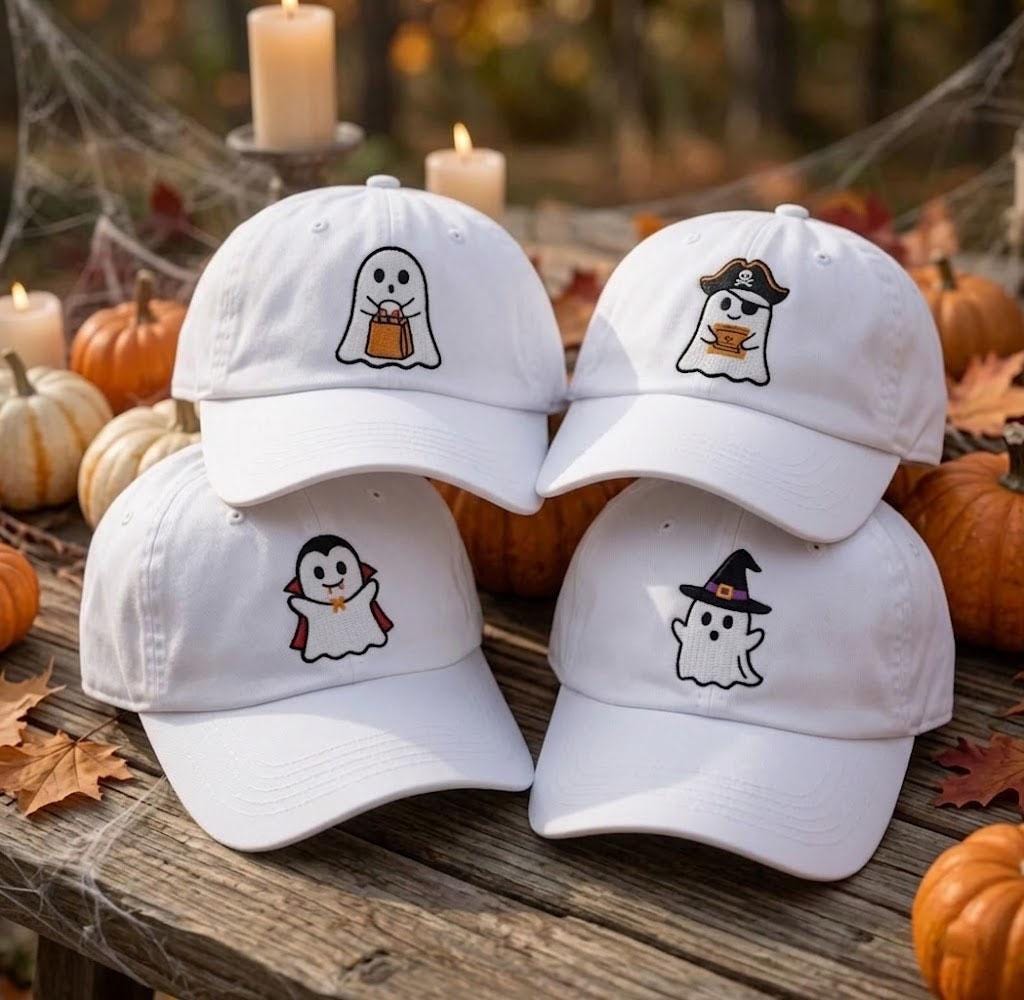 Custom Halloween Ghost Embroidered Hat, Cute Spooky Season White Dad Hat, Vampire Witch Pirate Ghost Baseball Cap, Autumn Fall Party Gift