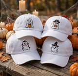 Custom Halloween Ghost Embroidered Hat, Cute Spooky Season White Dad Hat, Vampire Witch Pirate Ghost Baseball Cap, Autumn Fall Party Gift
