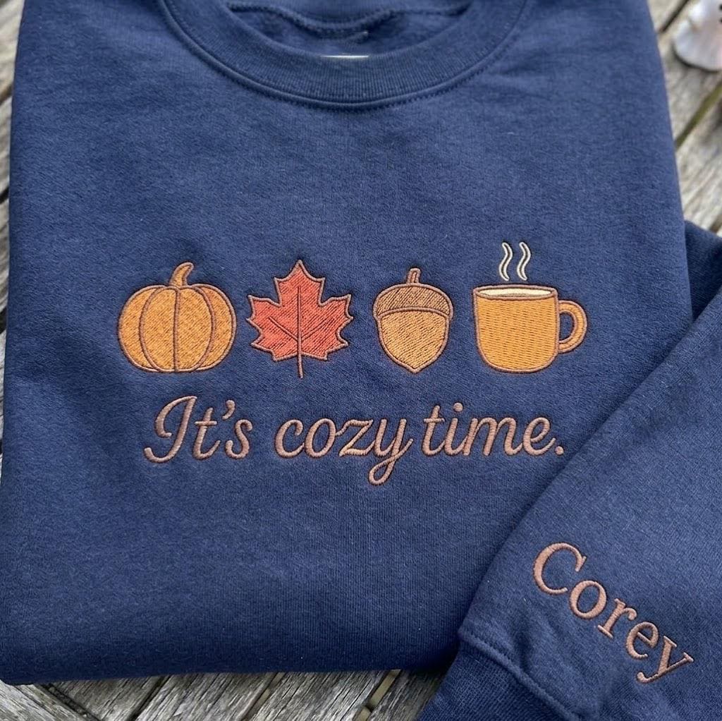 Custom It's Cozy Time Sweatshirt, Embroidered Fall Autumn Leaves Sleeve Name Crewneck
