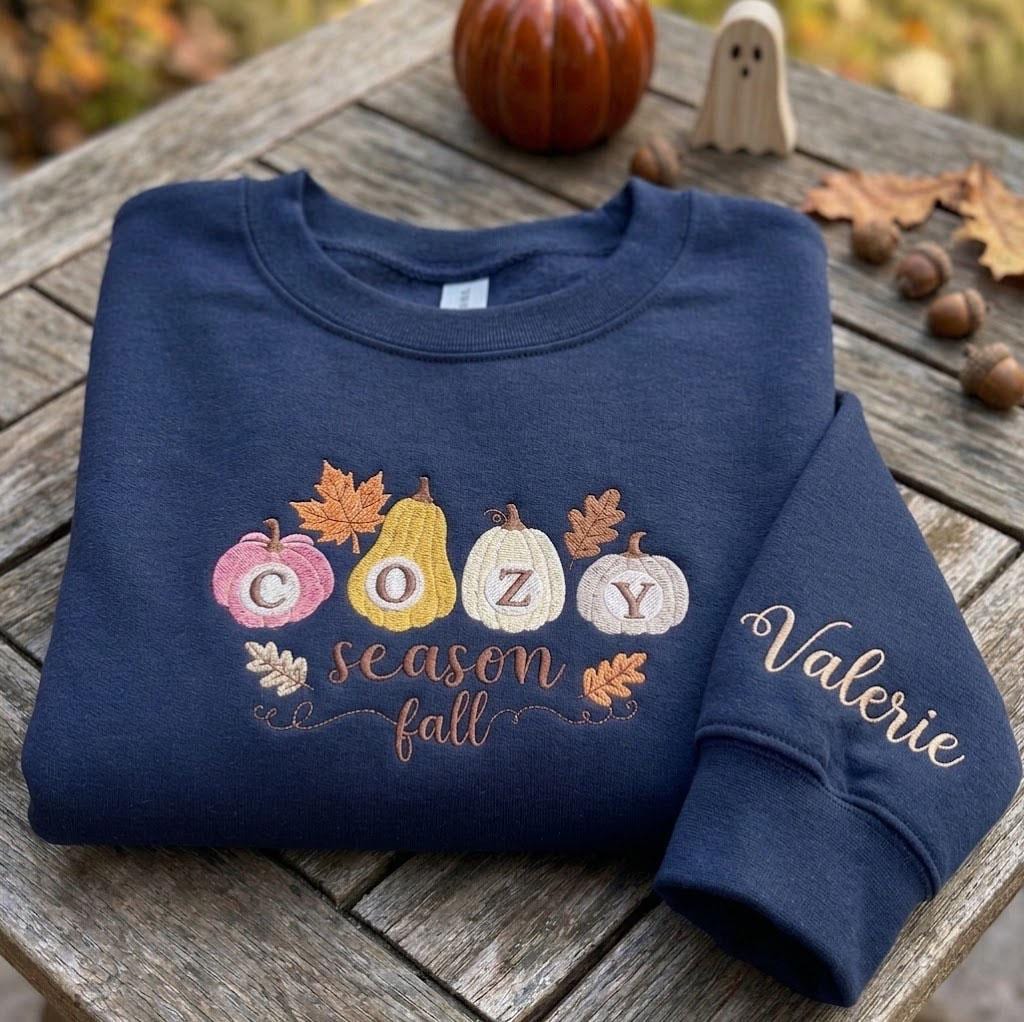 Custom Cozy Season Sweatshirt, Embroidered Pastel Pumpkin Sleeve Autumn Leaves Crewneck