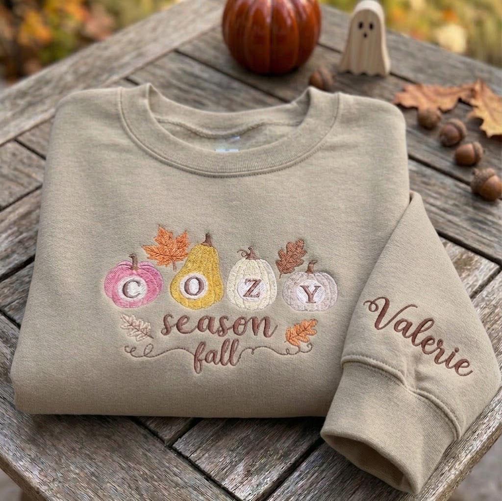 Custom Cozy Season Sweatshirt, Embroidered Pastel Pumpkin Sleeve Autumn Leaves Crewneck