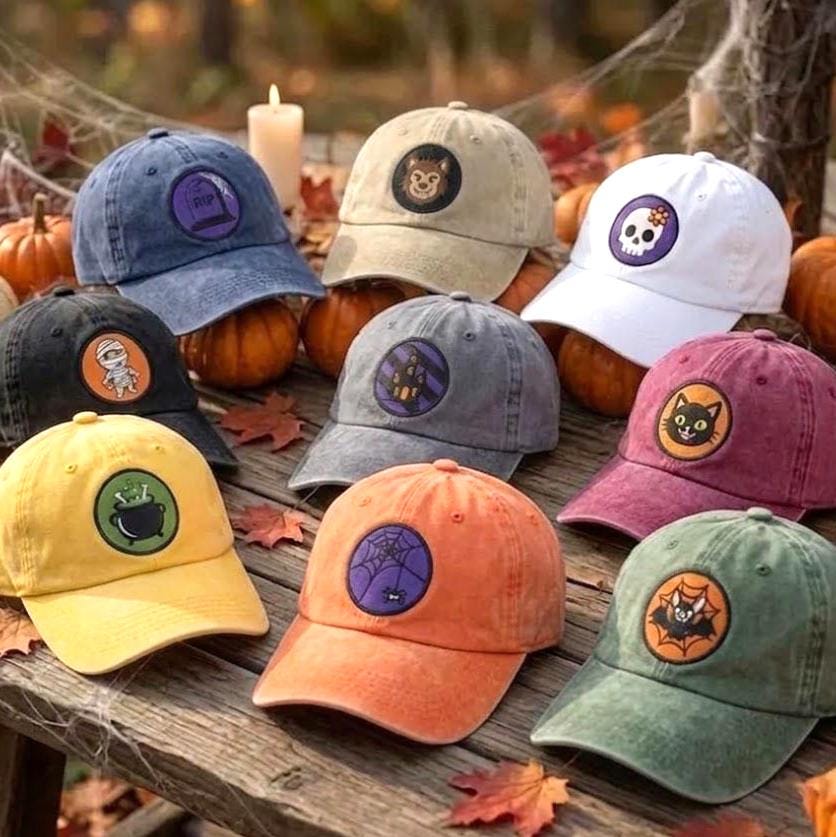 Custom Halloween Patch Embroidered Hat, Cute Spooky Season White Dad Hat, Black Cat Skull Witch Bat Baseball Cap, Autumn Fall Gift