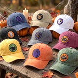 Custom Halloween Patch Embroidered Hat, Cute Spooky Season White Dad Hat, Black Cat Skull Witch Bat Baseball Cap, Autumn Fall Gift