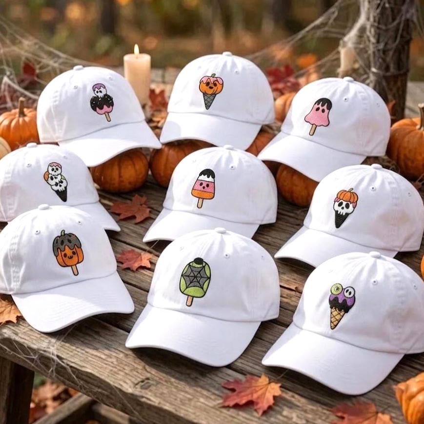 Custom Spooky Ice Cream Embroidered Hat, Cute Halloween Popsicle Dad Hat, White Baseball Cap, Pastel Goth Sweet Treat Fall Season Gift