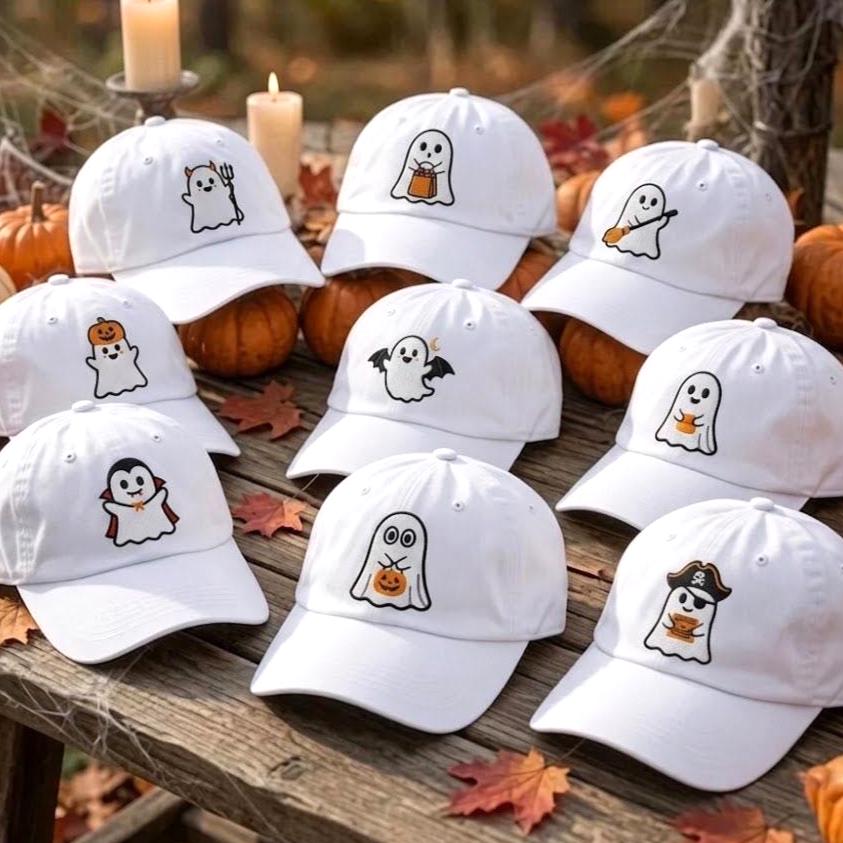 Custom Halloween Ghost Embroidered Hat, Cute Spooky Season White Dad Hat, Vampire Witch Pirate Ghost Baseball Cap, Autumn Fall Party Gift