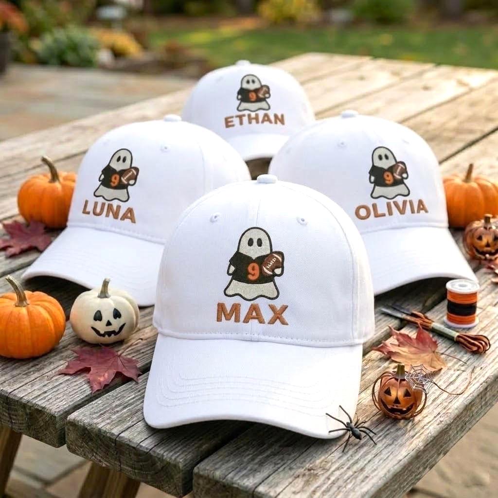 Custom Name Ghost Football Embroidered Hat, Halloween Sports Dad Hat, Personalized Number Baseball Cap, Spooky Game Day Fall Season Gift
