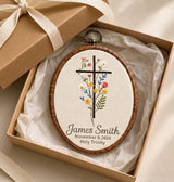 Personalized Baptism Cross Ornament - Embroidered Botanical Christening Keepsake Hoop