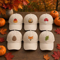Autumn Icons Embroidered Hat, Cute Fall Baseball Cap, Matching Vintage Washed Cotton Hat
