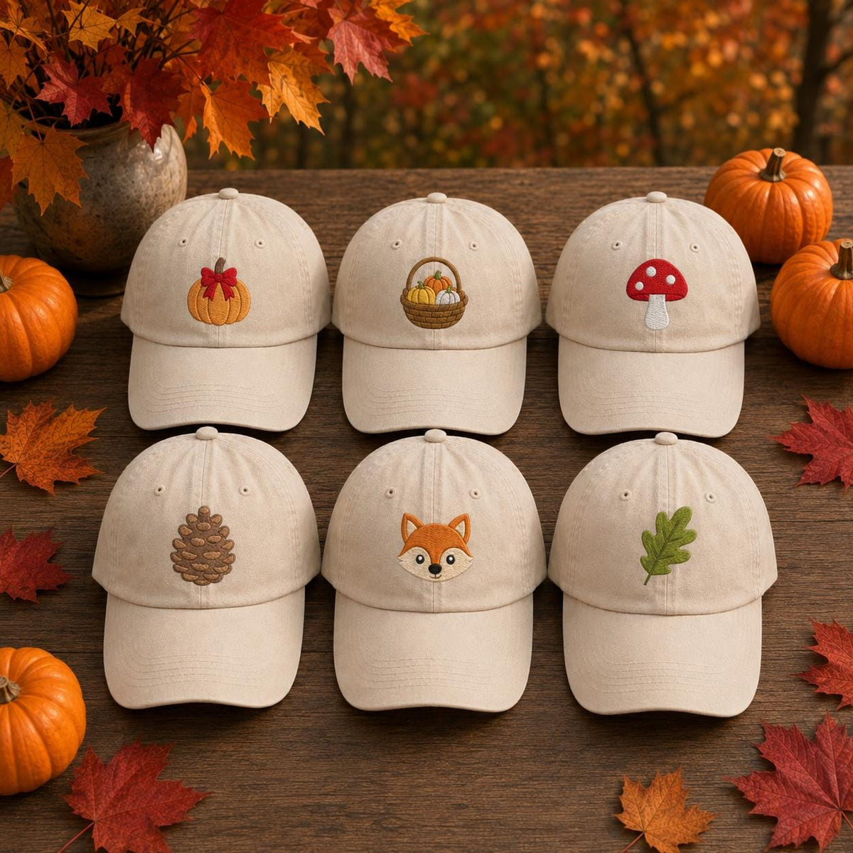 Autumn Icons Embroidered Hat, Cute Fall Baseball Cap, Matching Vintage Washed Cotton Hat