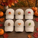 Autumn Icons Embroidered Hat, Cute Fall Baseball Cap, Matching Vintage Washed Cotton Hat