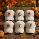 Autumn Icons Embroidered Hat, Cute Fall Baseball Cap, Matching Vintage Washed Cotton Hat