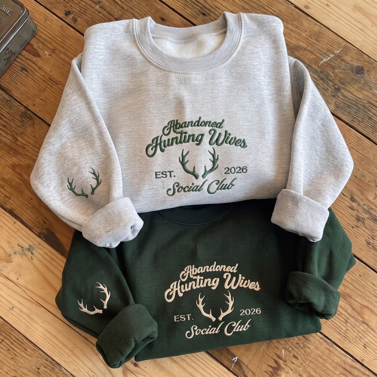 Abandoned Hunting Wives Social Club Sweatshirt, Antler Sleeve Embroidered Crewneck