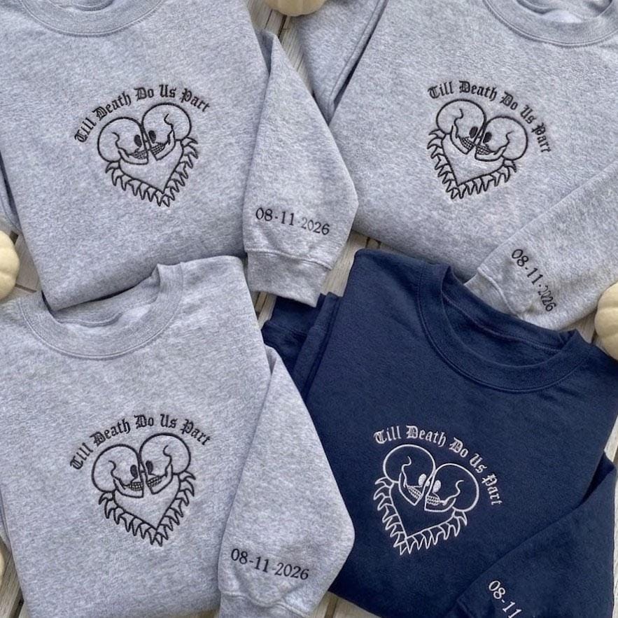 Custom Till Death Do Us Part Sweatshirt, Skeleton Couple Sleeve Date Crewneck