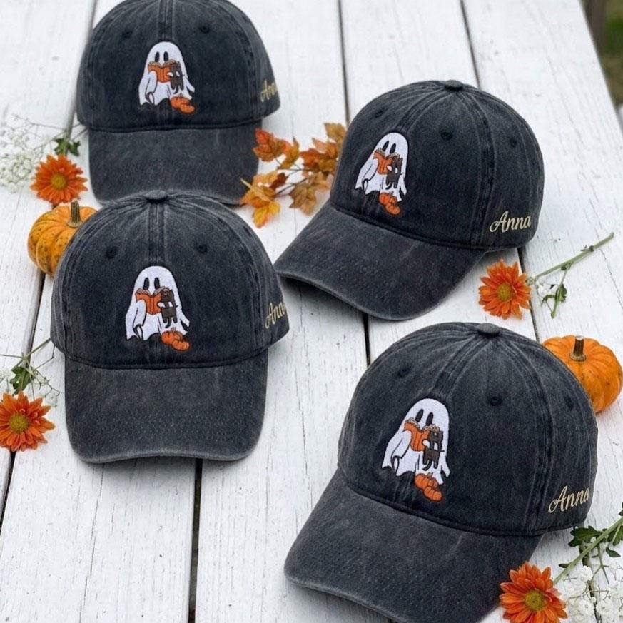 Custom Reading Ghost Embroidered Hat, Book Lover Cat Dad Hat, Personalized Fall Vintage Baseball Cap, Cute Spooky Season Bookish Gift