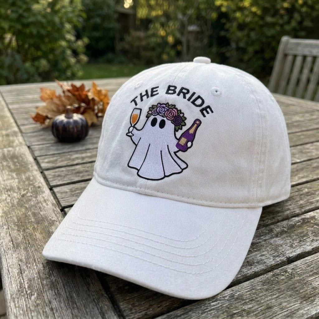 Custom The Bride Brides Babe Ghost Hat, Halloween Bachelorette Embroidered Dad Hat, Champagne Spooky Season Cap, Bridal Party Squad Gift
