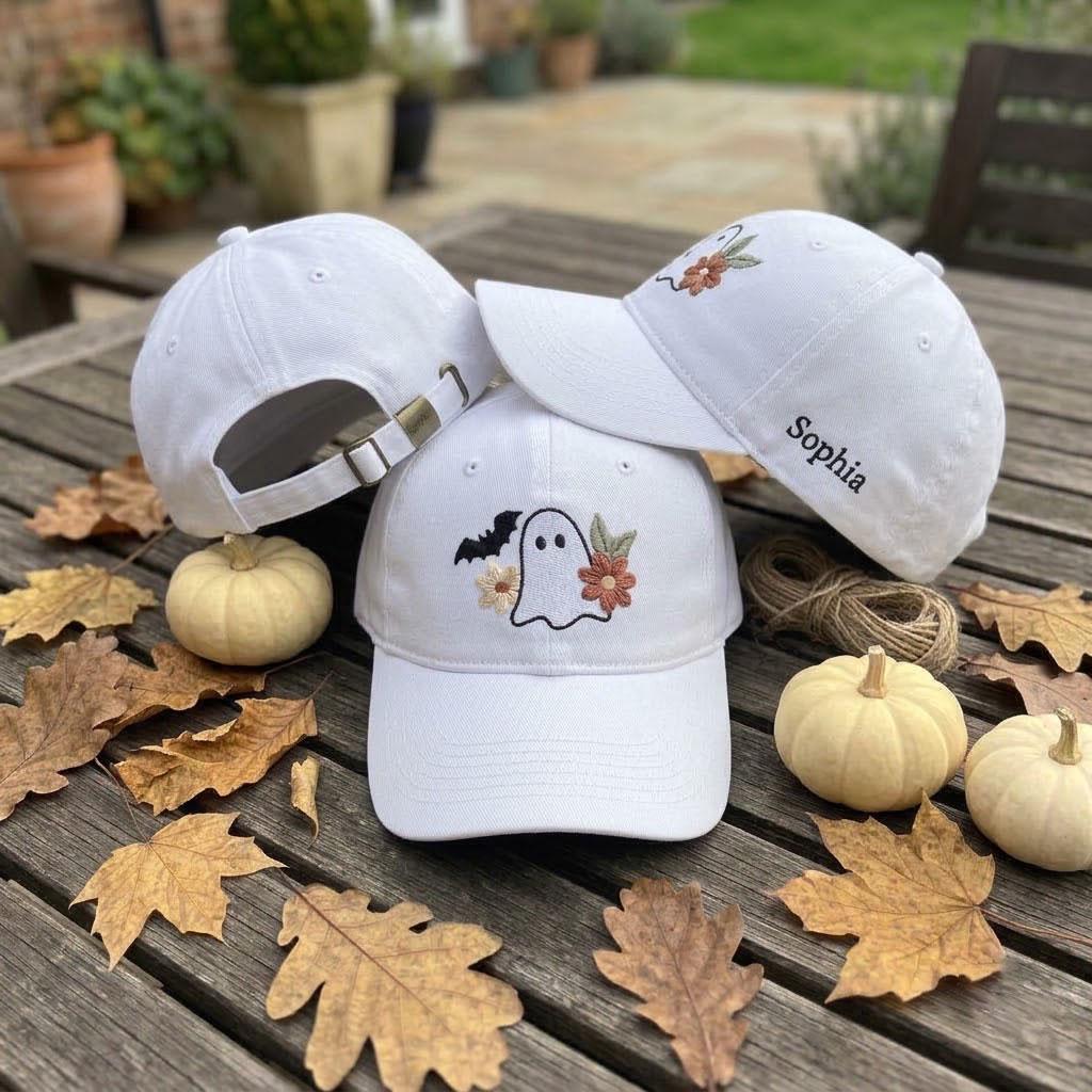 Custom Name Floral Ghost Embroidered Hat