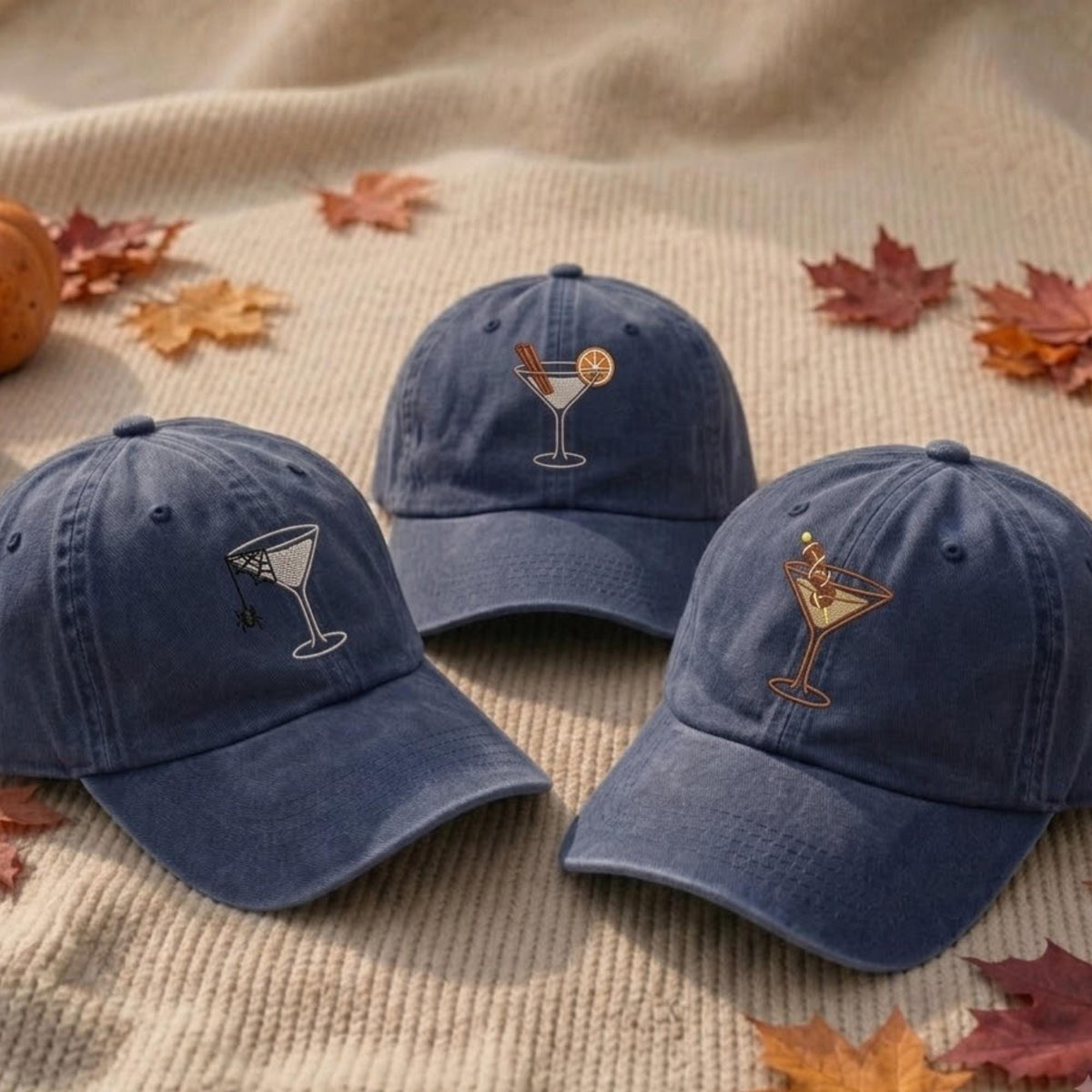 Custom Embroidered Autumn Martini Hat, Fall Cocktail Hat, Halloween Drink Hat, Thanksgiving Hat, Fall Embroidered Cap, Spooky Season Hat