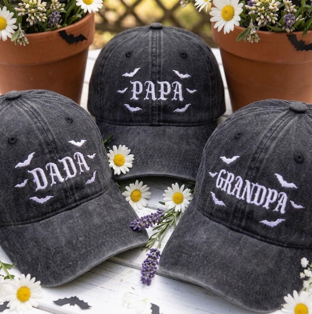 Custom Spooky Dad Hat, Halloween Dada Papa Grandpa Cap, Personalized Bats Embroidered Hat, Vintage Washed Baseball Cap, Fall Gift for Dad