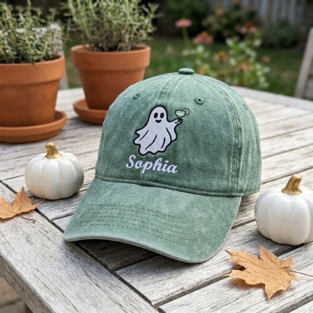 Custom Name Ghost Embroidered Hat - Halloween Bachelorette Gift