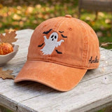 Custom Name Ghost Bats Embroidered Hat, Orange Halloween Washed Cotton Dad Hat, Cute Spooky Season Baseball Cap, Autumn Fall Gift For Her